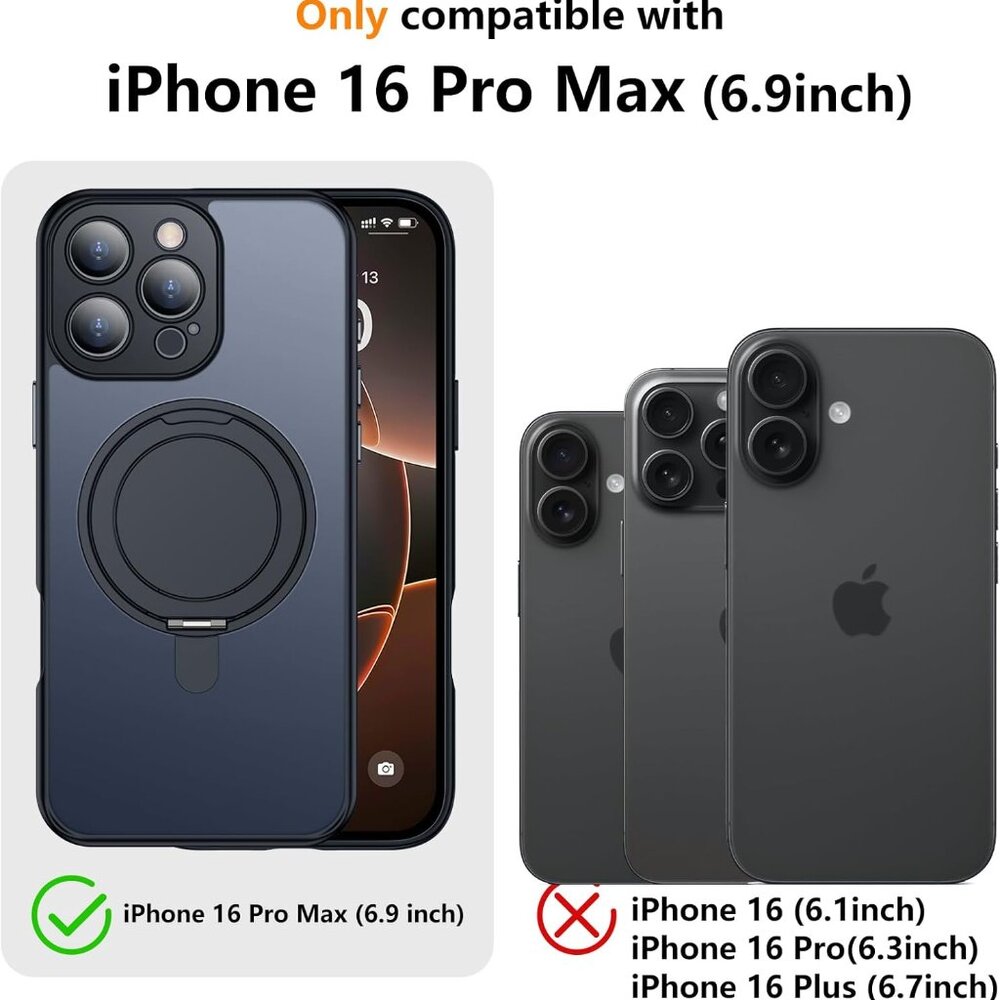iPhone 16 Pro Max Case with 360° Rotatable Invisible Magnetic O-Ring Stand